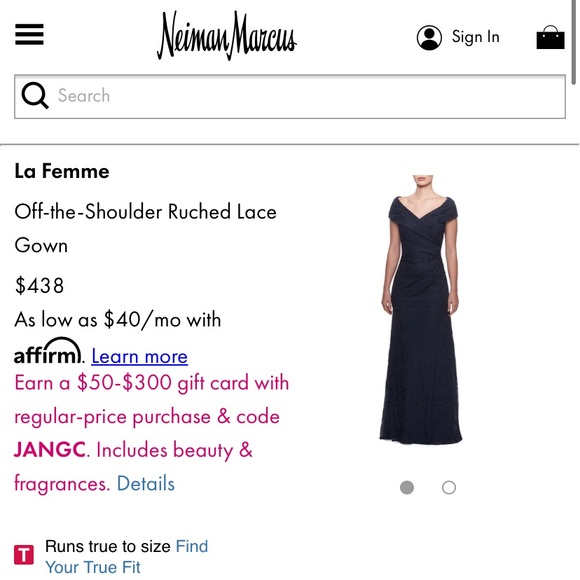 La Femme Off-the-Shoulder Ruched Lace Gown - Picture 1 of 4